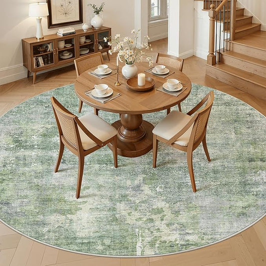 Soalmost 8x8 Green/Ivory Round Rug 8ft Living Room Circle Rug Vintage Round Area Rug Non Slip Indoor Carpet for Apartment