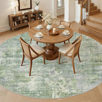 Soalmost 9x9 Green/Ivory Round Rug 9ft Living Room Circle Rug Vintage Round Area Rug Non Slip Indoor Carpet for Apartment