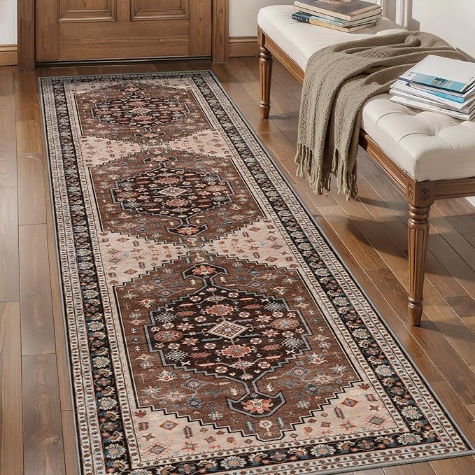 Tangsoo 2.6x8 Runner Rug for Hallways,Washable Non Slip Vintage Kitchen Runner Rug,Boho Brown Beige Soft Print Distressed Low Pile Floor Carpet for Bedroom Bathroom Laundry Room