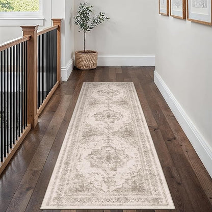 PureCozy Runner Rug 2x8 Beige Hallway Washable Carpet Non Slip Vintage Medallion Carpet Low Pile Soft Distressed Retro Indoor Long Rug for Entryway Kitchen Bathroom Laundry Bedroom