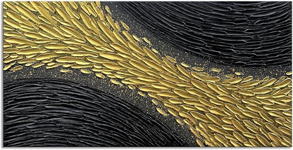 Slyart Black and Gold Wall Art, Large Gold Texture Abstract Art, Contemporary Art Oil Painting, 24"x48" Modern Home Decor for Living Room Bedroom