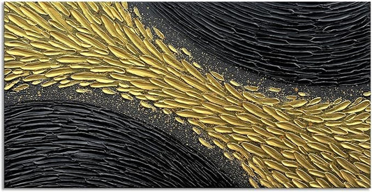 Slyart Black and Gold Wall Art, Large Gold Texture Abstract Art, Contemporary Art Oil Painting, 24"x48" Modern Home Decor for Living Room Bedroom