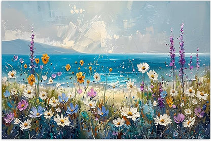 TutuBeer 1 Pcs Boho Beach Coastal Vintage Floral Wall Picture Rustic Wildflower Field Vintage Wall Art Canvas Prints Daisy Flowers Sea Canvas Print Farmhouse Wall Art for Home Wall Decor 24x36inch