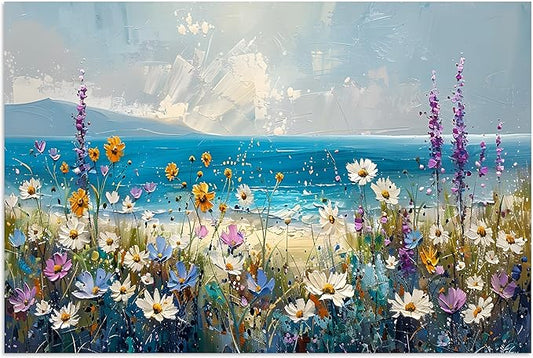 TutuBeer 1 Pcs Boho Beach Coastal Vintage Floral Wall Picture Rustic Wildflower Field Vintage Wall Art Canvas Prints Daisy Flowers Sea Canvas Print Farmhouse Wall Art for Home Wall Decor 20x30inch