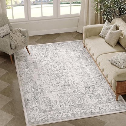 PureCozy Gray Area Rug 4x5 Office Entryway Rug Machine Washable Kitchen Vintage Distressed Non Slip Carpet Indoor Grey Retro Floral Accent Throw Door Mat for Bathroom Bedroom Dining Living Room