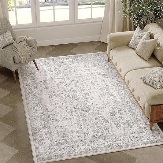 PureCozy Gray Area Rug 4x5 Office Entryway Rug Machine Washable Kitchen Vintage Distressed Non Slip Carpet Indoor Grey Retro Floral Accent Throw Door Mat for Bathroom Bedroom Dining Living Room
