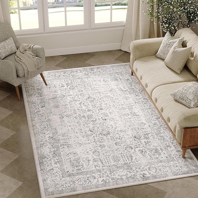 PureCozy Gray Area Rug 4x6 Office Entryway Rug Machine Washable Kitchen Vintage Distressed Non Slip Carpet Indoor Grey Retro Floral Accent Throw Door Mat for Bathroom Bedroom Dining Living Room