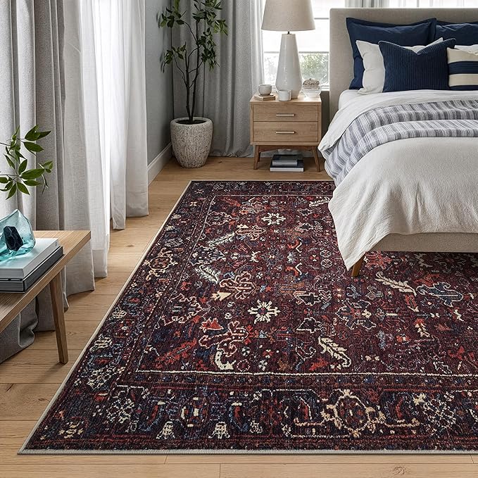 Bloom Rugs Washable Non-Slip 6' x 9' Rug - Burgundy Traditional Bordered Area Rug for Living Room, Bedroom, Dining Room, and Kitchen - Exact Size: 6' x 9'