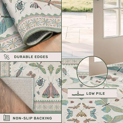 Washable Sage Green Large Entryway Rug, 3x4 Area Rugs for Laundry Room, Kitchen, Bedroom, Dorm, Insect Print Vintage Floral Non-Slip Throw Rug Low Pile Stain Resistance