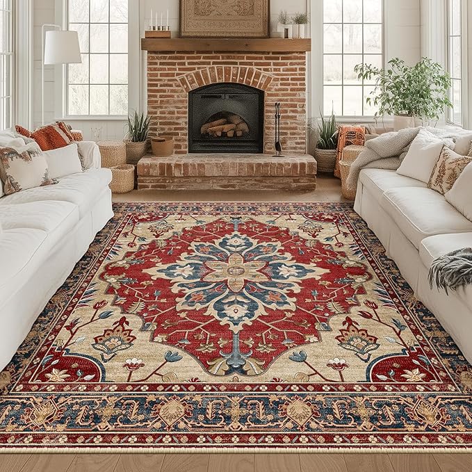 RELEANY Area Rugs Square 8ft Washable Non-Slip, Floral Vintage Distress Print Pattern Medallion Carpet for Living Room Bedroom Dining Room, Red Blue