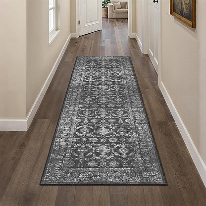 2x7 Black Runner Rug Hallway Washable Area Rugs Kitchen Vintage Boho Non Slip Long Rug Floral Carpet Indoor Retro Soft Low Pile Throw Rug for Bedroom Bathroom Laundry Dining Living Room Office