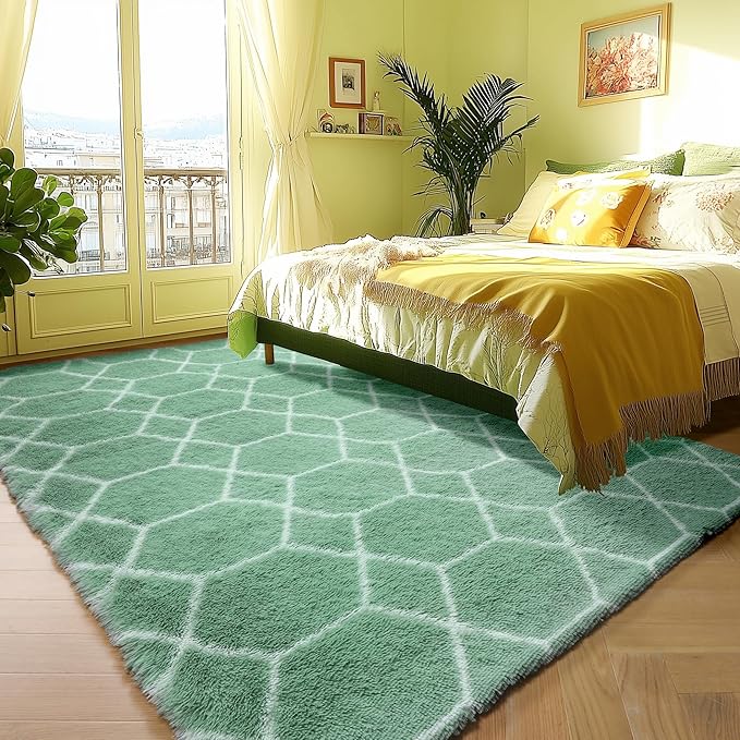 ONASAR Rugs for Living Room Bedroom, 5x8 Fluffy Sage Green and White Area Rug, Geometric Boho Soft Plush Shaggy Floor Carpets for Nursery Kids Girls Boys Teen Dorm Home Decor Aesthetic