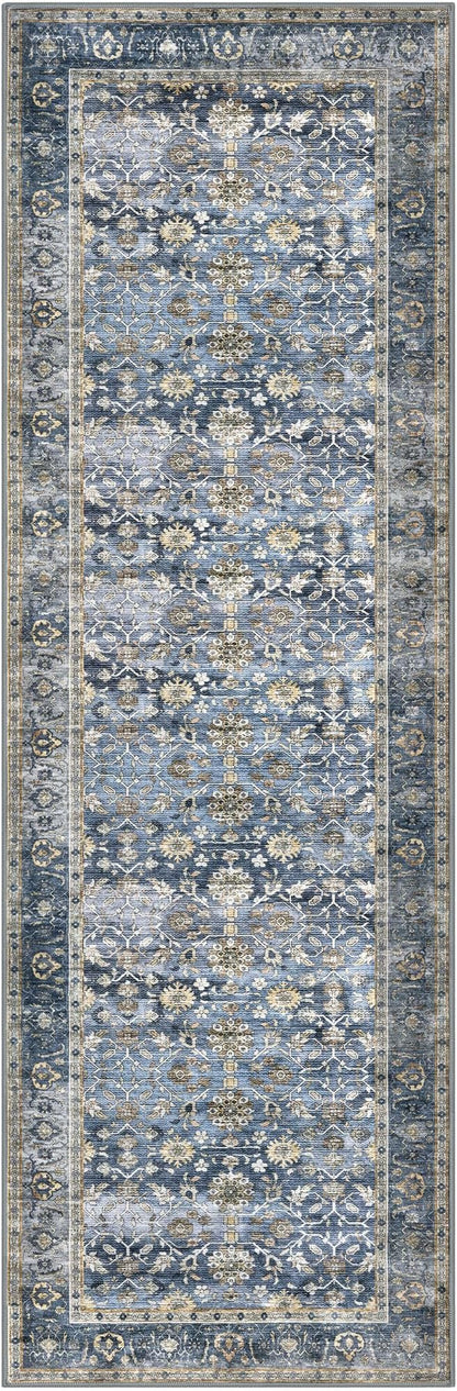 KUTA Vintage Washable Runner Rug, 2.6x8 Blue Grey Beige Runners for Hallways Non-Slip Kitchen Rugs Ultra Thin Soft Printed Distressed Oriental Floor Carpet for Laundry Bedroom Living Room Nursery