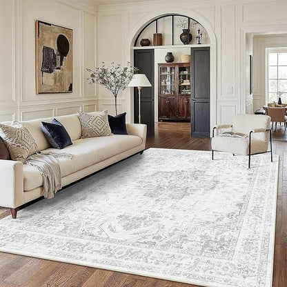 9x12 Vintage Washable Area Rugs Boho Medallion Large Distressed Retro Accent Carpet Floral Non-Slip Soft Low Pile Indoor Throw Rug for Living Room Bedroom Dining Room Office Kitchen, Gray