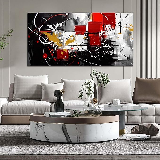 ANCXWOTER Abstract Wall Art for Living Room Black Canvas Wall Art Modern Grey Red Line Artwork for Bedroom Office Home Decor Canvas Prints 24x48 Inch