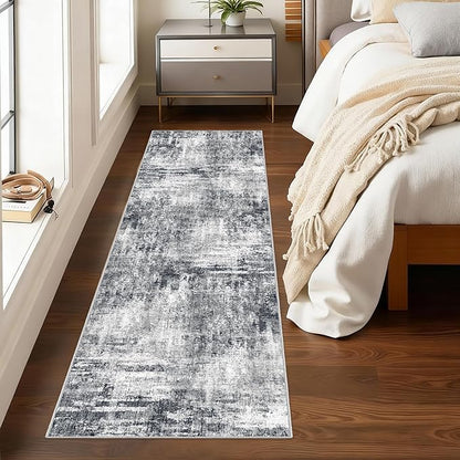 Grey Runner Rugs for Hallway: Abstract Washable Runner Rug 2x6 for Entryway Kitchen Bedroom Bathroom - Modern Cozy Home Decor Long Carpet Mat Stain-Resistant - Dark Grey