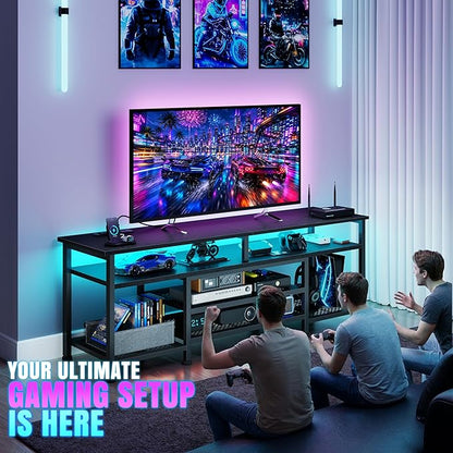 Korfile TV Stand for 60/65/70 inch TV, 63 in Gaming Entertainment Center with LED Lights and Power Outlets, TV Console Table with Open Shelves for Living Room and Bedroom, Black