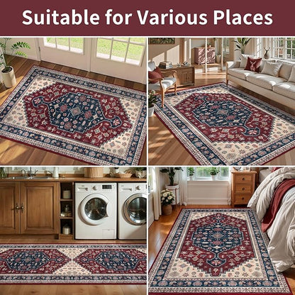 Tangsoo Boho 4x6 Rug for Living Room,Washable Indoor Area Rug,Non-Slip Low Pile Carpet Soft Vintage Decor Mat for Front Porch Dining Room Patio Bedroom Office,Deep Red