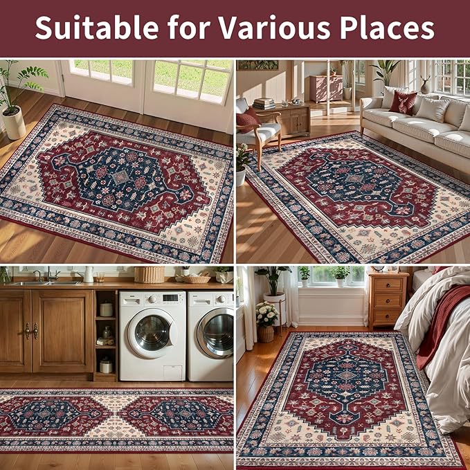Tangsoo 3x5 Rug for Bedroom,Vintage Ultra Soft Washable Area Rug,Boho Floral Carpet Low Pile Indoor Mat for Front Porch Living Room Patio Entryway Mudroom,Burgundy Blue