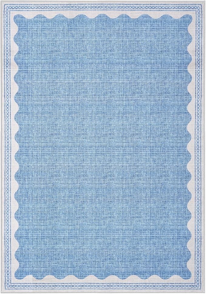 Scalloped Washable Rug 9x12 Area Rugs for Living Room, Solid Blue Rug for Bedroom Girls, Non Slip Throw Mat with Rubber Back, Soft Dorm Nursery 9x12 Carpet for Dining Room