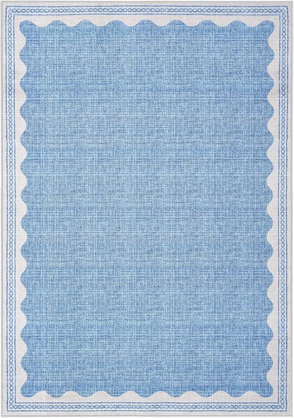 Scalloped Washable Rug 9x12 Area Rugs for Living Room, Solid Blue Rug for Bedroom Girls, Non Slip Throw Mat with Rubber Back, Soft Dorm Nursery 9x12 Carpet for Dining Room