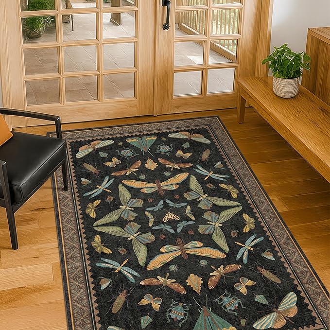 Hazo Haus Black Front Door Mat Indoor Entrance Non Slip Washable - 3x4 Throw Rug for Kitchen, Mudroom, Bedroom Bedside, Insect Boho Vintage Aesthetic Décor