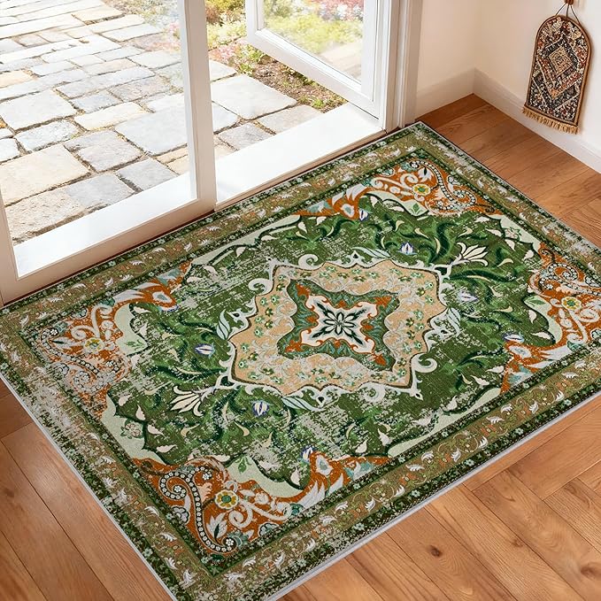 RUSHUFFY 2x3 Washable Small Rug Door Mat, Rugs for Entryway, Vintage Boho Distressed Print Pattern Non-Slip Carpet, Throw Rug for Indoor Entrance Kitchen Bedroom Bathroom Laundry Floor, Dark Green