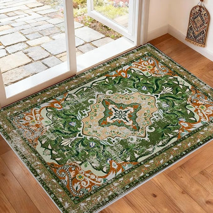 RUSHUFFY 2x3 Washable Small Rug Door Mat, Rugs for Entryway, Vintage Boho Distressed Print Pattern Non-Slip Carpet, Throw Rug for Indoor Entrance Kitchen Bedroom Bathroom Laundry Floor, Dark Green