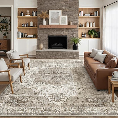 8x10 Area Rugs for Living Room, Machine Washable Non Slip Vintage Rug, Non-Slip Stain Resistant, Large Soft Home Decor Rug for Bedroom Dining Room (Brown,8'x10')