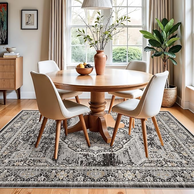 Washable Area Rugs 5x6 Entryway: Soft Ultra Thin Low Pile Mat Machine Washable Indoor Doormat Lightweight Entry Rug Anti Slip Backing Rugs for Living Room Bedroom Kitchen 5'x6' Black