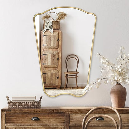 PERFNIQUE Gold Bathroom Mirror Irregular Wall Mirror, 32'' x 23'' Wood Framed Mirror, Decorative Vintage Mirror, Modern Vanity Mirror for Over Sink Bathroom Living Room Entryway, Modern Wall Decor