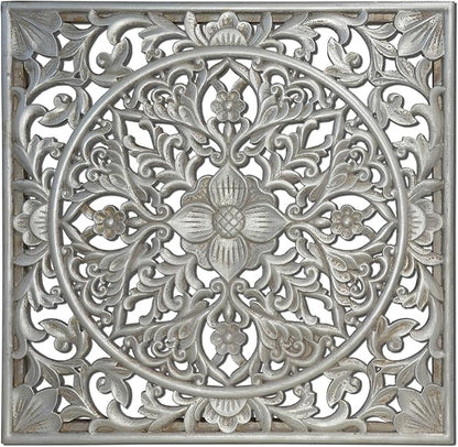XIAOAIKA Boho Carved Wood Wall Sculpture, Intricate Floral Mandala Design with Distressed Silver Finish, Vintage Farmhouse Wall Art Panel with Solid Wood Frame for Bedroom Entryway (22" x 22")