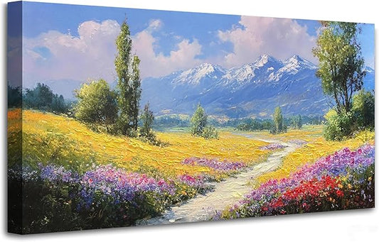 Enartly Landscape Garden Canvas Wall Art for Living Room, Wildflower Mountain Wall Decor Floral Paintings Natural Artwork Prints for Home Bedroom Garden Farmhouse Decor, 40"x20"