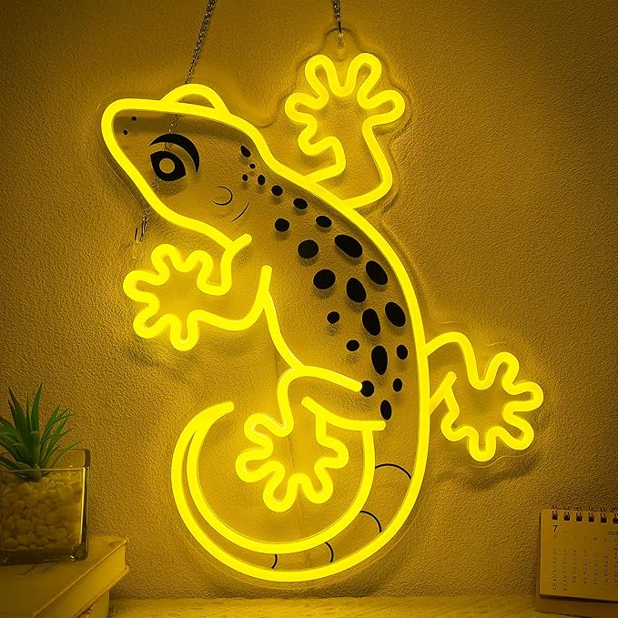 OkiyiD Gecko Neon Sign, Gecko Wall Art Decor Gifts with USB Power, Wild Reptile Themed Ambient Lighting for Bedroom, Office, Game Room and Bar