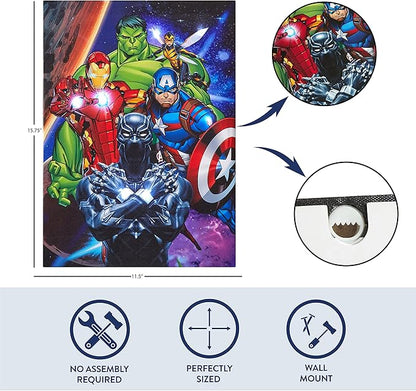 Marvel Avengers LED Canvas Wall Art, Kids Room Décor, Light Up Superhero Wall Hanging, 11.5"x15.75"
