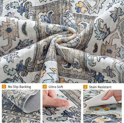 5x8 Washable Area Rugs for Living Room: Non Slip Vintage Blue Yellow Rug, Large Soft Stain Resistant Indoor Floor Carpets for Bedroom Dining Room Nursery Home Office Kid & Pet Friendly