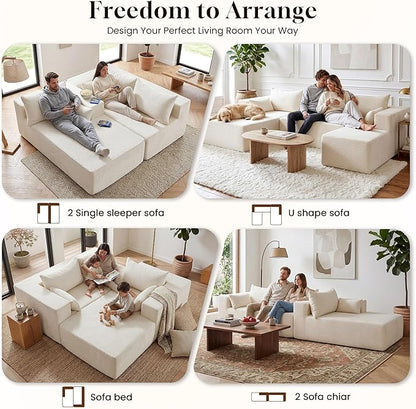106" Cloud Sectional Boneless Couches for Living Room, Modular U Shaped Couch with Deep Seat, Removable Ottoman, Memory Foam Compressed Spineless 4 Seater Sofa for Bedroom Apartment, Beige