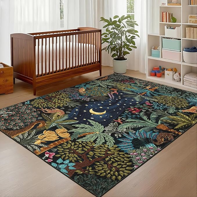 GarveeHome 4x6 Washable Area Rug for Kids Room, Jungle Animal Soft Bedroom Rug Non Slip Low Pile Small Carpet Stain Resistant Throw Rug for Bedside Playroom Classroom Office Dining Room