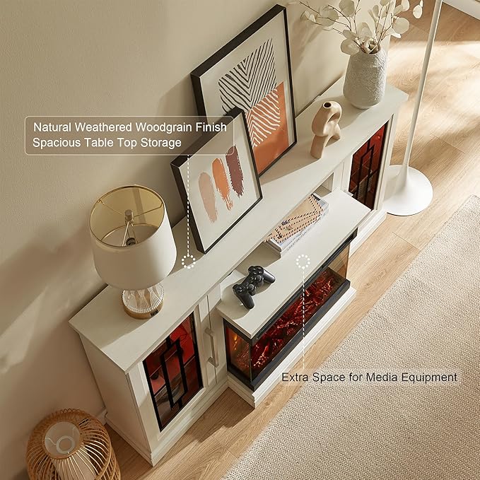 59 Inch LED TV Stand with 3-Side Glass Fireplace, Modern Media Entertainment Center Console Table for TVs up to 65 Inch with Adjustable Flame & LED Color, 24’’ Fireplace, Highboy, Antique White