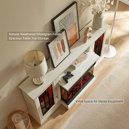 59 Inch LED TV Stand with 3-Side Glass Fireplace, Modern Media Entertainment Center Console Table for TVs up to 65 Inch with Adjustable Flame & LED Color, 24’’ Fireplace, Highboy, Antique White