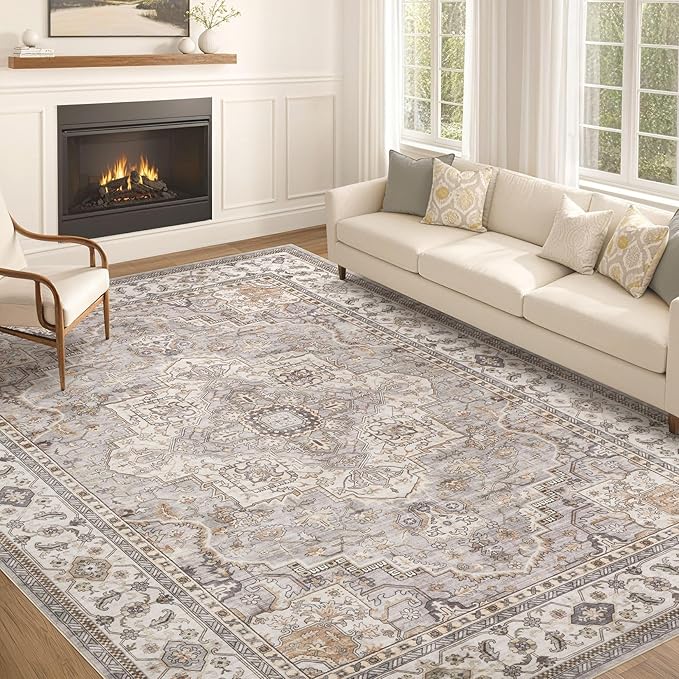EIEIHOUSE Washable Area Rugs for Living Room - 10x14 Neutral Vintage Distressed Floral Farmhouse Boho Large Soft Floor Rug Indoor Non Slip Carpet for Bedroom Dining Room Office - Grey Brown