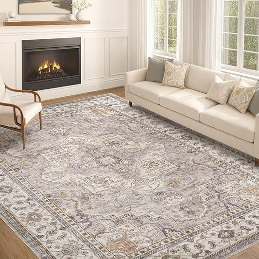 EIEIHOUSE Washable Area Rugs for Living Room - 10x14 Neutral Vintage Distressed Floral Farmhouse Boho Large Soft Floor Rug Indoor Non Slip Carpet for Bedroom Dining Room Office - Grey Brown