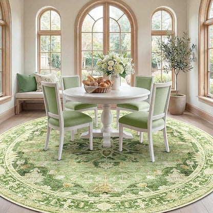 RELEANY Area Rugs Round 8ft Washable Non-Slip, Floral Vintage Distress Print Pattern Medallion Carpet for Living Room Bedroom Dining Room, Sage Green Yellow