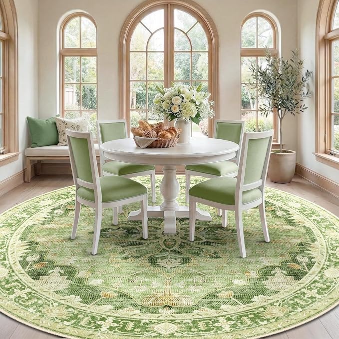 RELEANY Area Rugs Round 10ft Washable Non-Slip, Floral Vintage Distress Print Pattern Medallion Carpet for Living Room Bedroom Dining Room, Sage Green Yellow