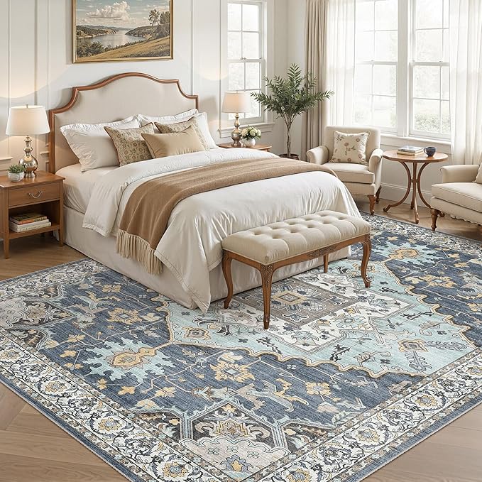 8x10 Washable Area Rugs for Living Room: Non Slip Vintage Blue Yellow Rug, Large Soft Stain Resistant Indoor Floor Carpets for Bedroom Dining Room Nursery Home Office Kid & Pet Friendly