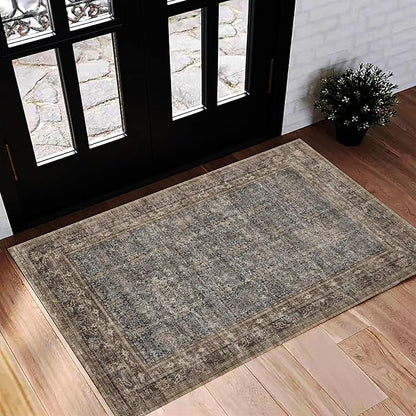 CHAMPLANT Washable Area Rug 2'x3' Door Mat Vintage Distressed Doormat Indoor Entrance Traditional Thin Rug Floral Print Non Slip Carpet for Kitchen Bathroom Bedroom Living Room