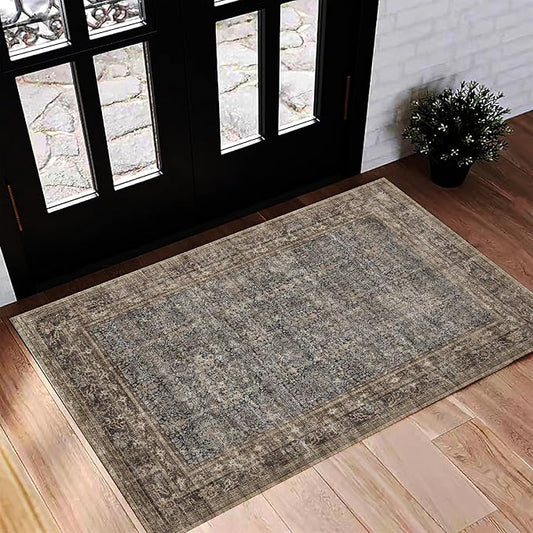 CHAMPLANT Washable Area Rug 2'x3' Door Mat Vintage Distressed Doormat Indoor Entrance Traditional Thin Rug Floral Print Non Slip Carpet for Kitchen Bathroom Bedroom Living Room