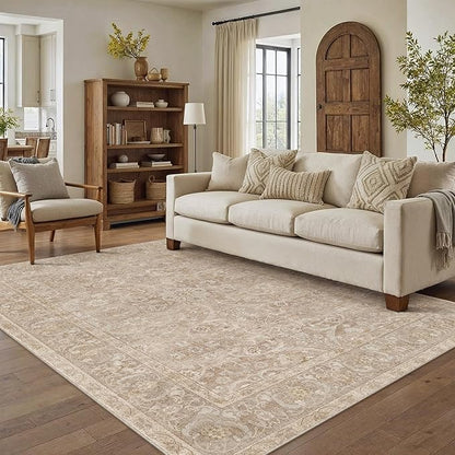 PureCozy Brown 5x7 Area Rug Washable Vintage Living Room Carpet Bedroom Indoor Non Slip Soft Low Pile Thin Stain Resistant Distressed Accent Throw Rug for Dining Office Nursery