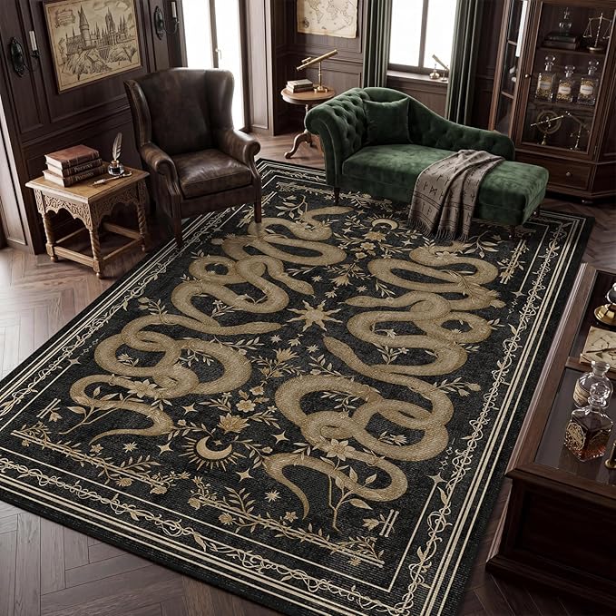 Garvee Snake Gothic Washable Rug 5x7 Dark Whimsical Moody Witchy Unique Soft Thin Carpet for Living Room Bedroom Playroom Indoor Decor Low Pile TPE Backing Black Gray