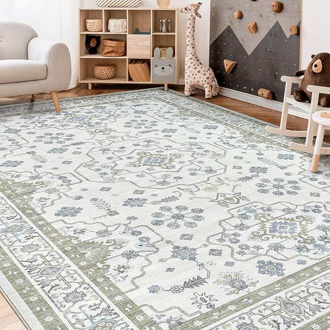 Area Rug 10x12 for Living Room - Washable Oriental Vintage Floral Distressed Large Indoor Carpets with Non Slip Back for Bedroom Dining Room Nursery Office Home Decor -Light Green
